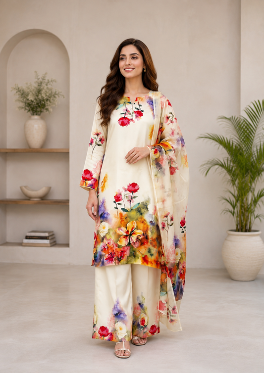 Digital Print Silk 3pcs (Ivory Blossom 3PC)