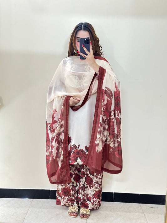 Digital Print Silk 3pcs (MEHROON PHOOL)