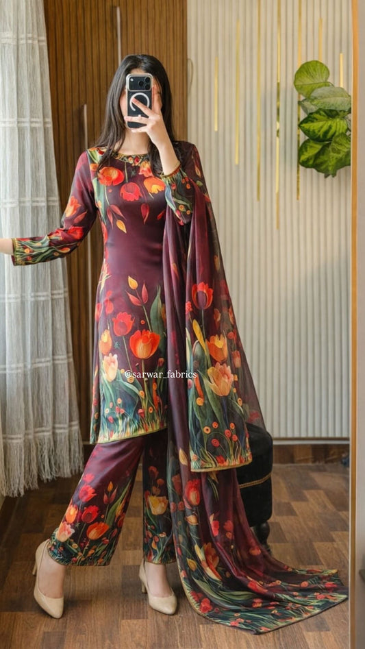 Digital Print Silk 3pcs (MEHROON 3D FLOWERS)