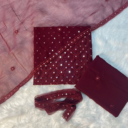 S-F 007HEAVY EMBROIDERY CHIFFON 3PCS UNSTICH DRESS (MEHROON)