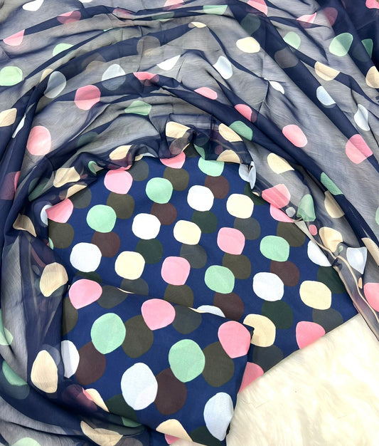 DIGITAL PRINTED SWISS LAWN 3pcs ( N.BLUE MULTI POLKA)