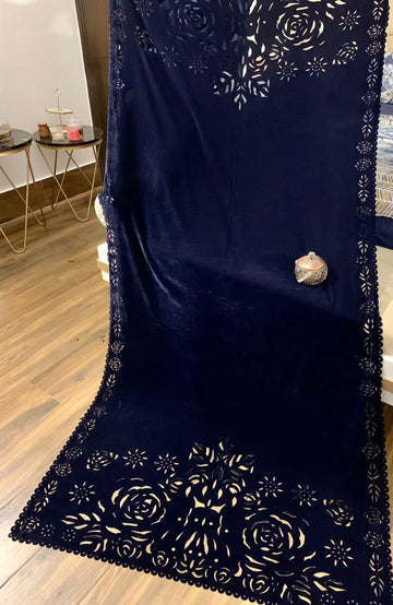 Laser Cut Velvet Shawl 2025 - Damask NAVY BLUE (SF PRET)
