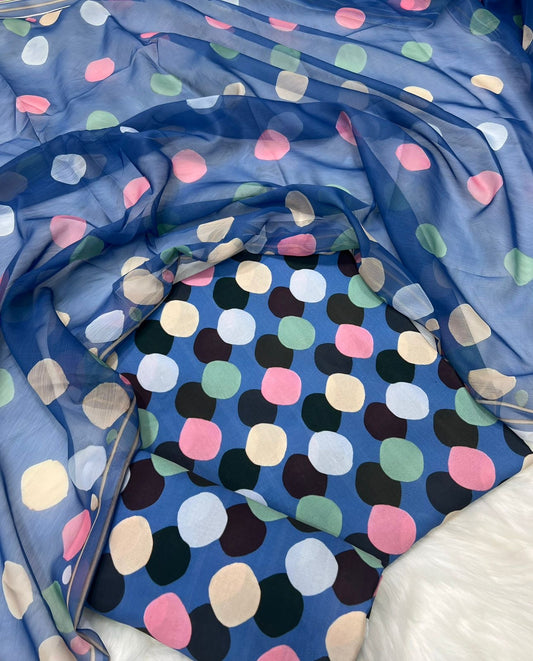 DIGITAL PRINTED SWISS LAWN 3pcs ( COBALT BLUE MULTI POLKA)