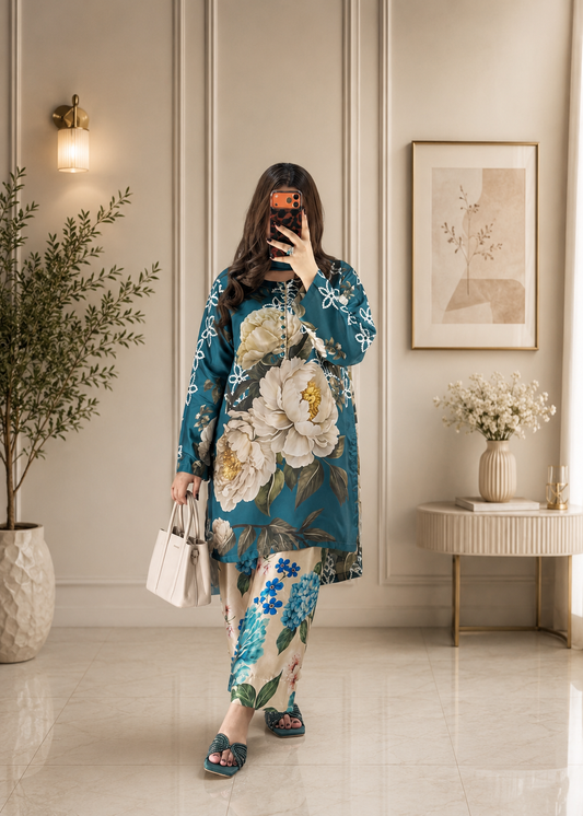 Digital Print Silk 3pcs (Teal Blossom Silk Cord Set)