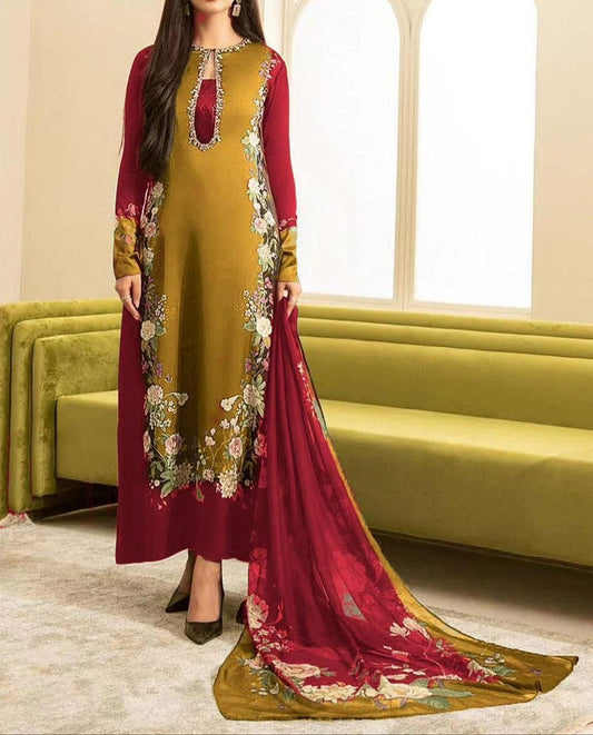 Digital Print Silk 3pcs (MUSTARD MEHROON)
