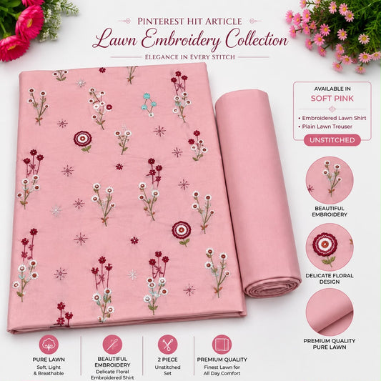 🌸 Pinterest Hit Pure Lawn Embroidery Collection — Soft Pink