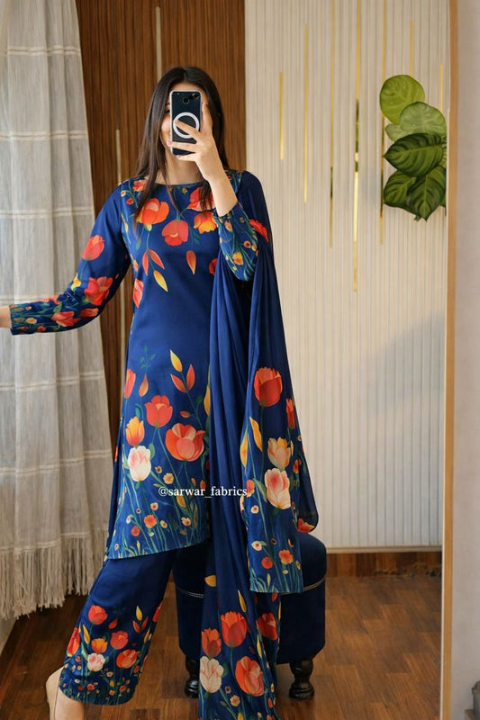 Digital Print Silk 3pcs (NAVY BLUE 3D FLOWERS)