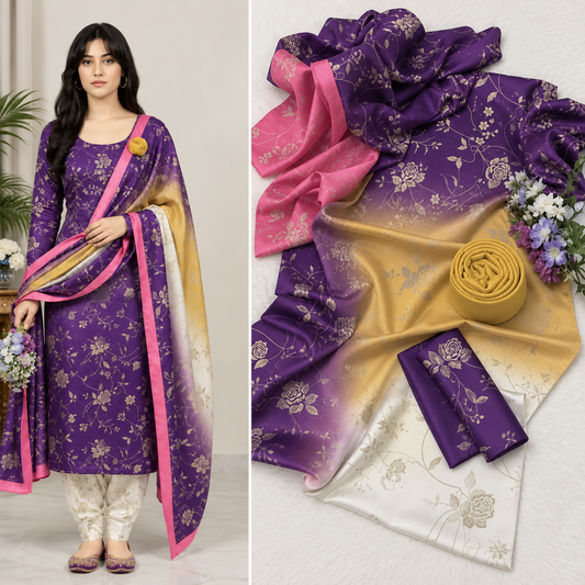 Digital Print Silk 3pcs (PURPLE YELLOW BANARSI)