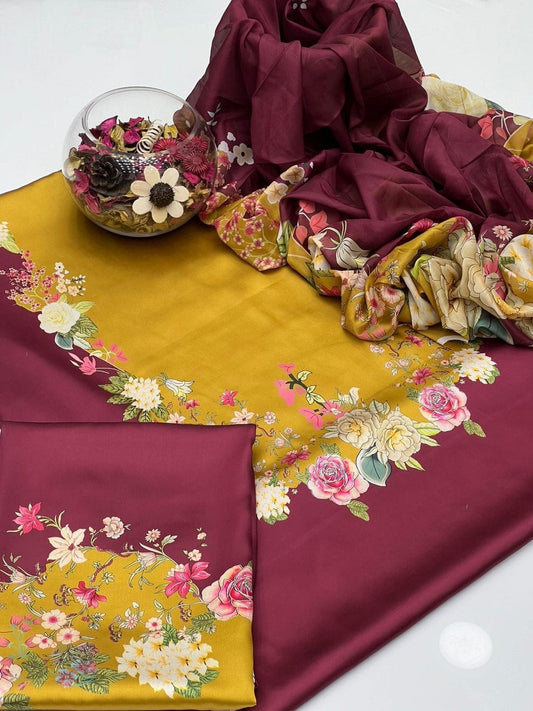 Digital Print Silk 3pcs (MUSTARD MEHROON)