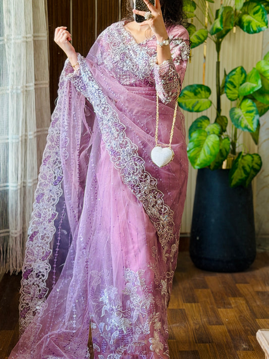 Luxury Black Fancy Embroidered Saree (LAILAC ELEGANCE💜)