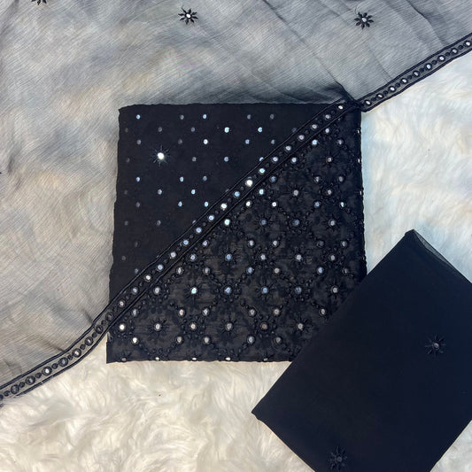 S-F 006 HEAVY EMBROIDERY CHIFFON 3PCS UNSTICH DRESS (BLACK)