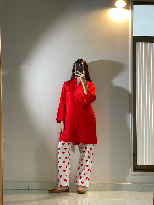 Hania Amir Style Trendy Cord Set Unstiched (RED)