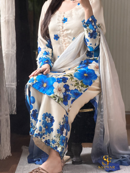 Digital Print Silk 3pcs (Azure Petals)