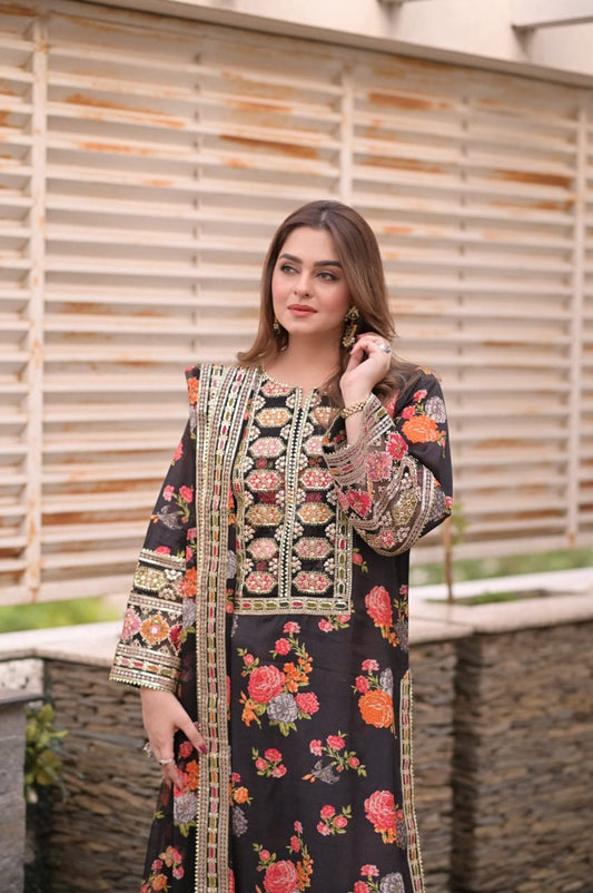 Aneelas Luxury Silk 3 Piece Unstitched (Black)