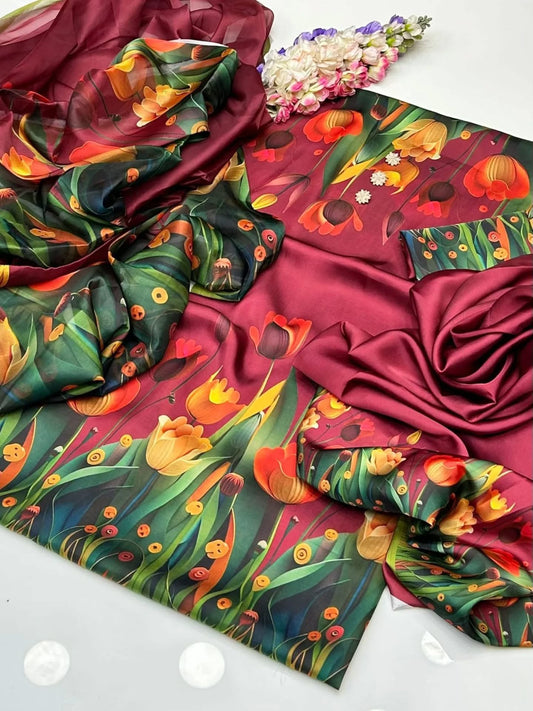 Digital Print Silk 3pcs (MEHROON 3D FLOWERS)