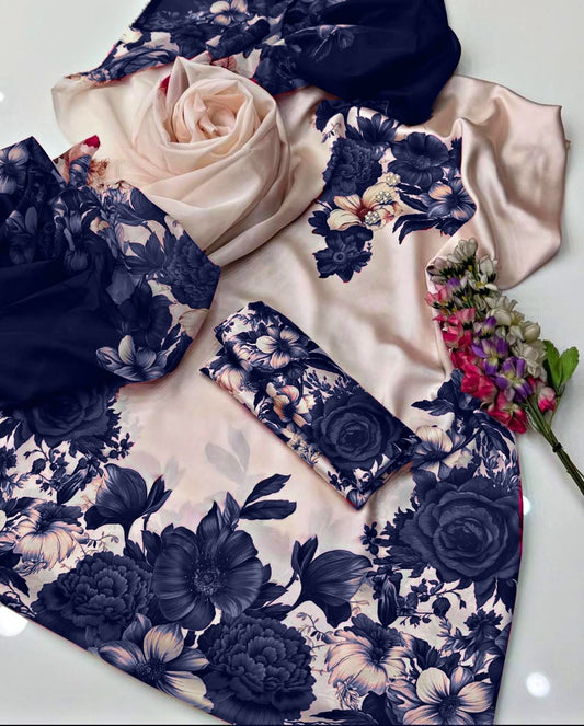 Digital Printed Silk 3 pcs (NAVY BLUE PHOOL)