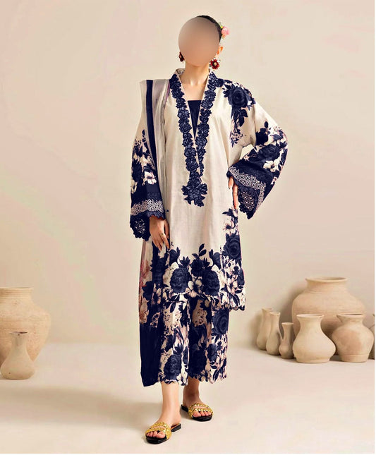 Digital Printed Silk 3 pcs(NAVY BLUE PHOOL)