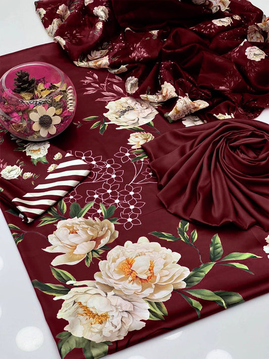 Digital Print Silk 3pcs (Maroon Floral)