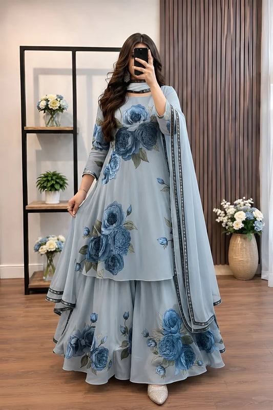 Digital Print Silk 3pcs(Sky Blue Floral)