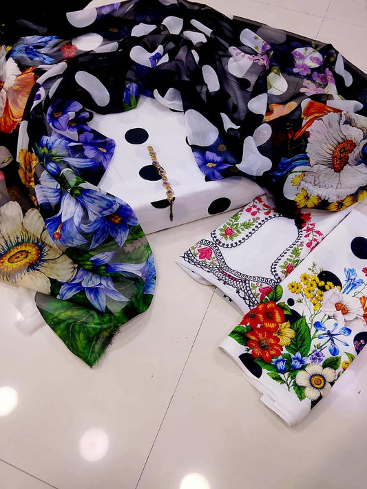 DIGITAL PRINTED SWISS LAWN 3pcs(Floral Polka Elegance)
