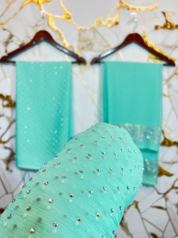Chiffon Crystal Work unstich Dress (Aqua)
