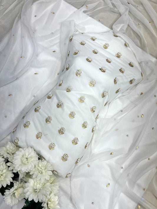 7 Pearls Luxury Soft Chiffon Unstitched 3-piece- Elegant Formal Collection (White)