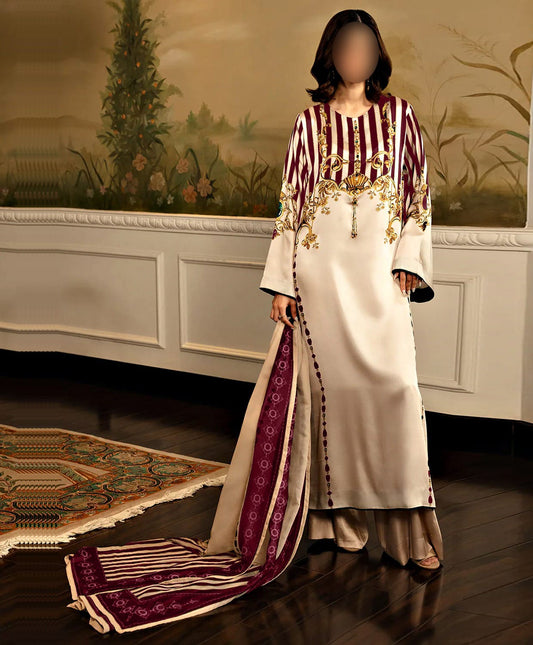 Digital Print Silk 3pcs (maroon cream)