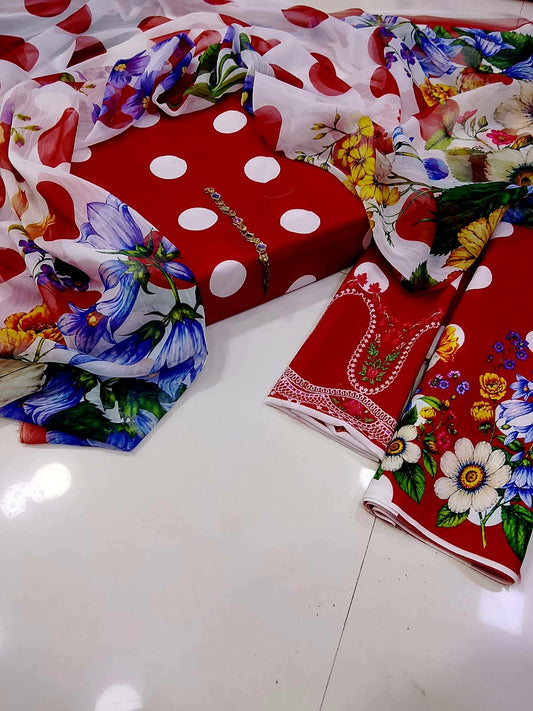 DIGITAL PRINTED SWISS LAWN 3pcs(Polka Bloom Red)
