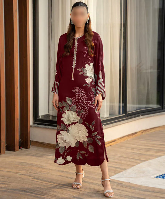 Digital Print Silk 3pcs (Maroon Floral)