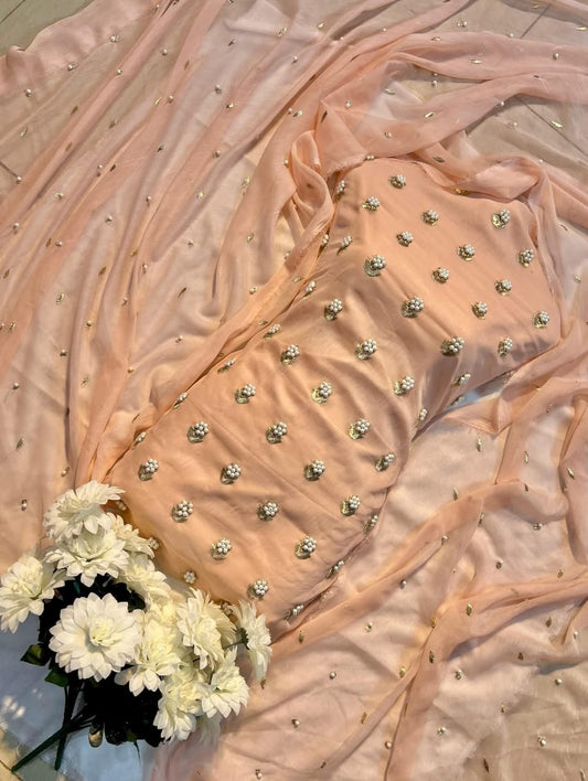 7 Pearls Luxury Soft Chiffon Unstitched 3-piece- Elegant Formal Collection (Peach)