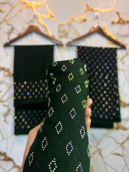 Turkish crystal work unstiched dress (green)