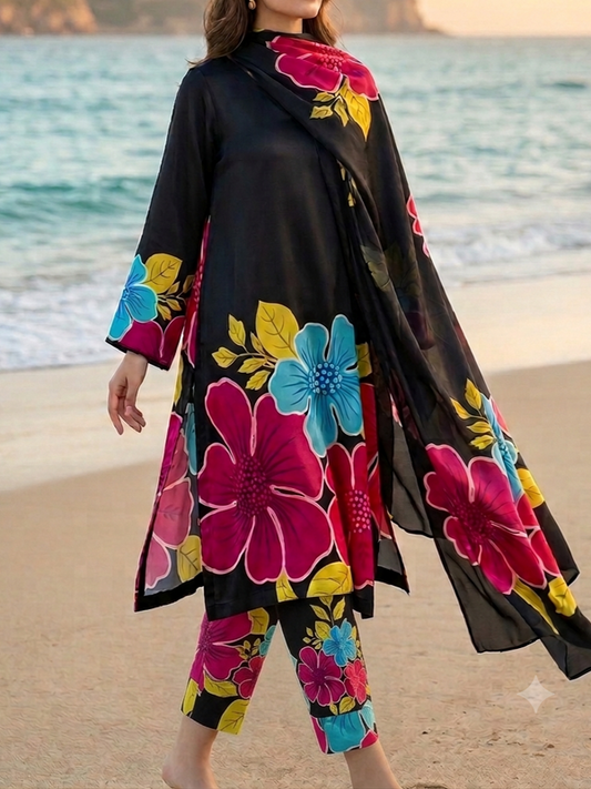 Digital Print Silk 3pcs (Black Floral)