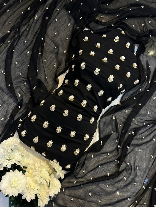 7 Pearls Luxury Soft Chiffon Unstitched 3-piece- Elegant Formal Collection (Black)