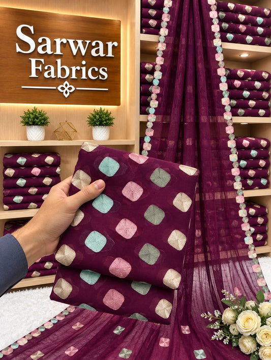 CHIFFON VISOCE EMBROIDEREY3PCS(Burgundy)