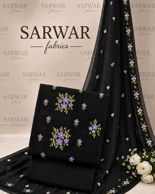 Black Cross Stitch Embroidered 3-Piece Suit