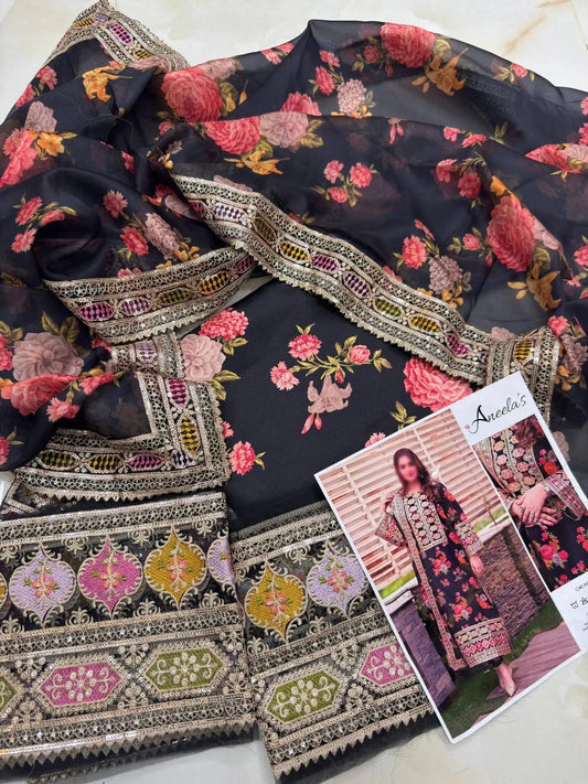 Aneelas Luxury Silk 3 Piece Unstitched (Black)