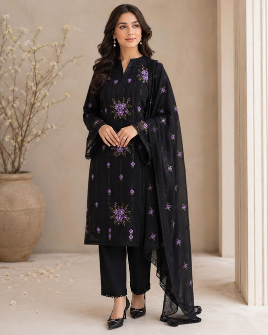 Black Cross Stitch Embroidered 3-Piece Suit