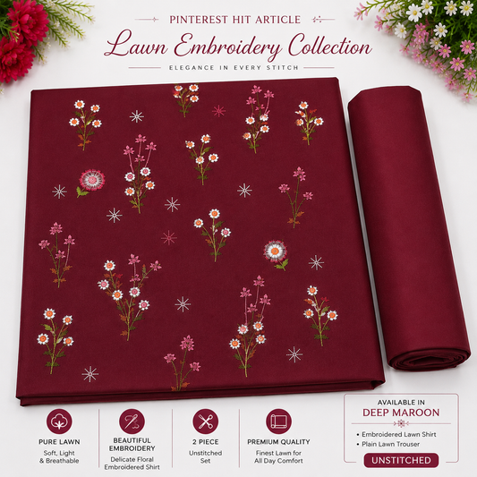 🌸 Pinterest Hit Pure Lawn Embroidery Collection – Deep Mehroon