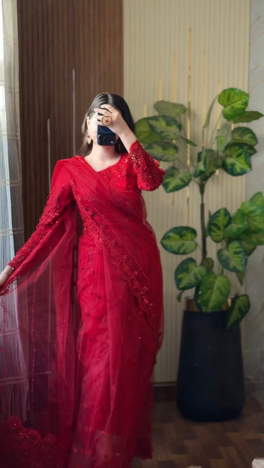 Luxury Black Fancy Embroidered Saree (RED RUBBY)