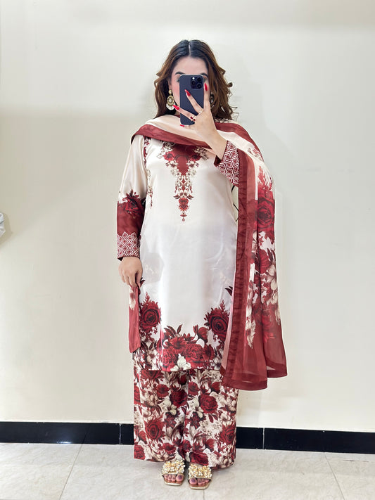 Digital Print Silk 3pcs (MEHROON PHOOL)