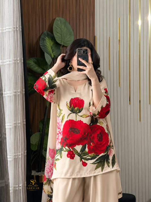 Digital Print Silk 3pcs (Cream Floral Elegance)