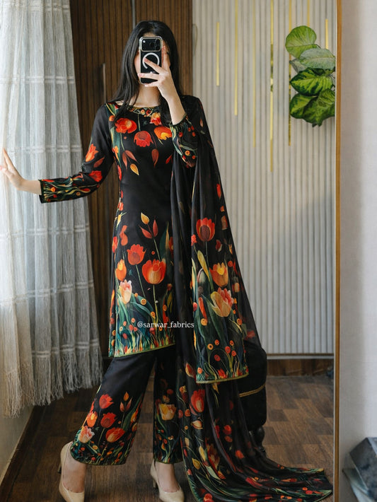 Digital Print Silk 3pcs ( BLACK 3D FLOWERS)