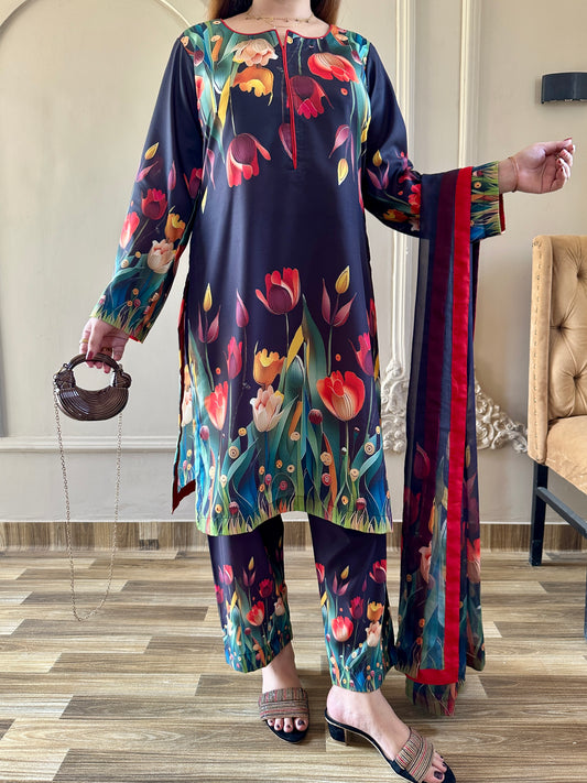 DIGITAL PRINTED SWISS LAWN 3pcs(3D TULIP BLACK)