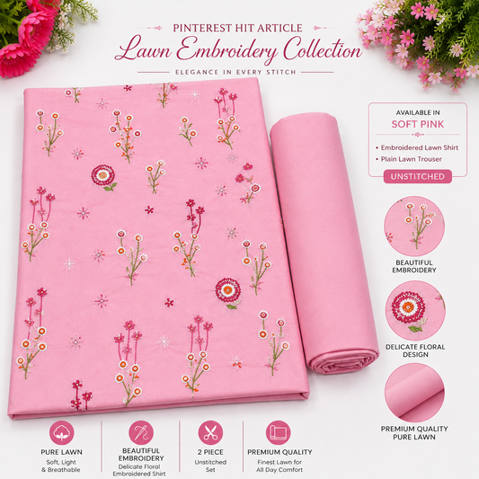 🌸 Pinterest Hit Pure Lawn Embroidery Collection — Soft Pink