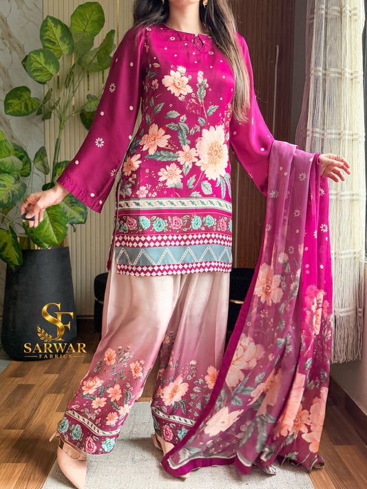 Digital Print Silk 3pcs (Fuchsia Grace Co-ord Set)