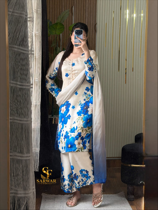Digital Print Silk 3pcs (Azure Petals)