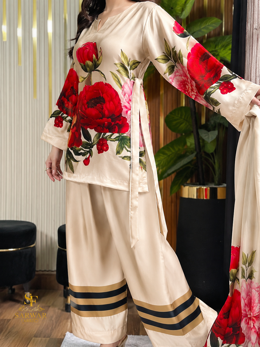 Digital Print Silk 3pcs (Cream Floral Elegance)