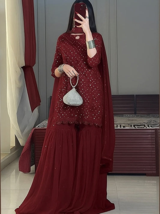 S-F 007HEAVY EMBROIDERY CHIFFON 3PCS UNSTICH DRESS (MEHROON)