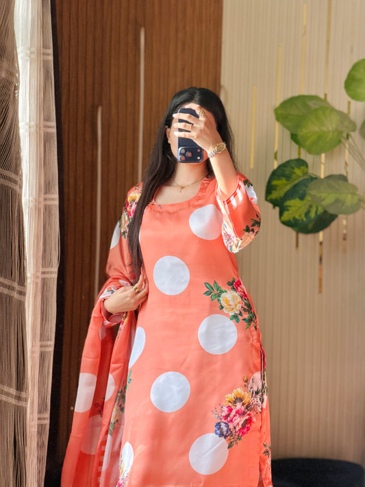 Digital Print Silk 3pcs (Peach Polka)