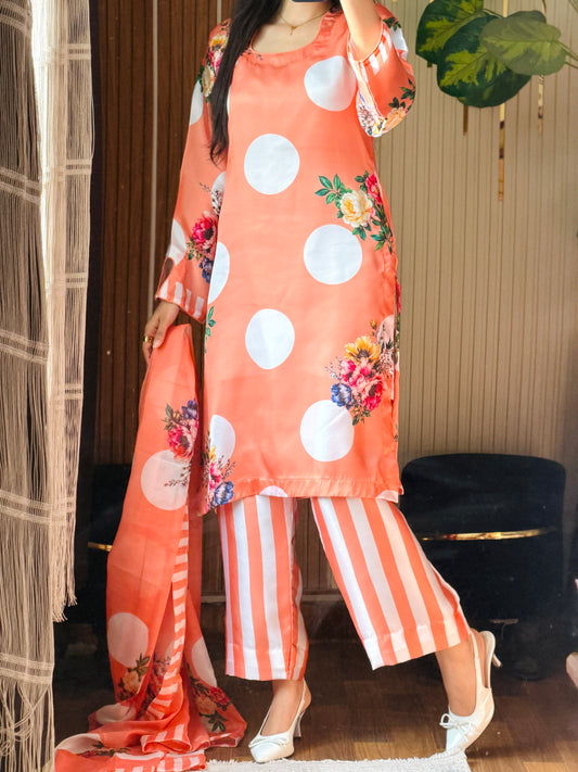 Digital Print Silk 3pcs (Peach Polka)